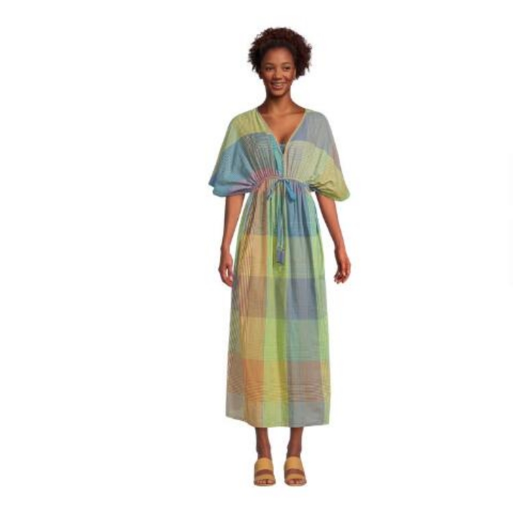 Mira Multicolor Plaid Madras Kaftan Dress